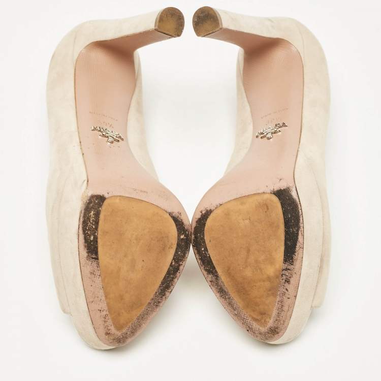 Pre Owned Prada Beige Suede Peep Toe Platform Pumps Size 39.5