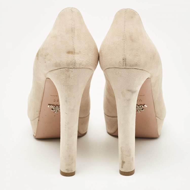 Pre Owned Prada Beige Suede Peep Toe Platform Pumps Size 39.5