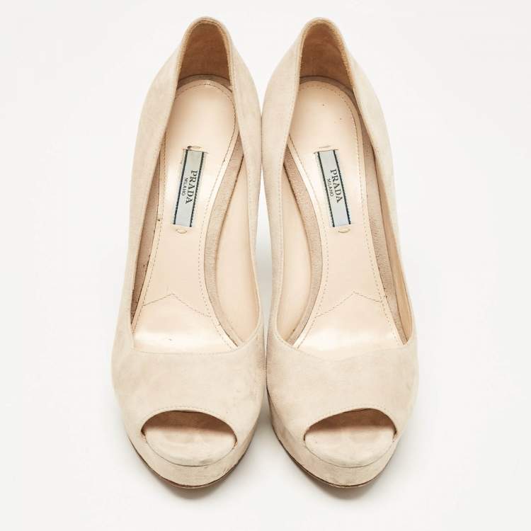 Pre Owned Prada Beige Suede Peep Toe Platform Pumps Size 39.5