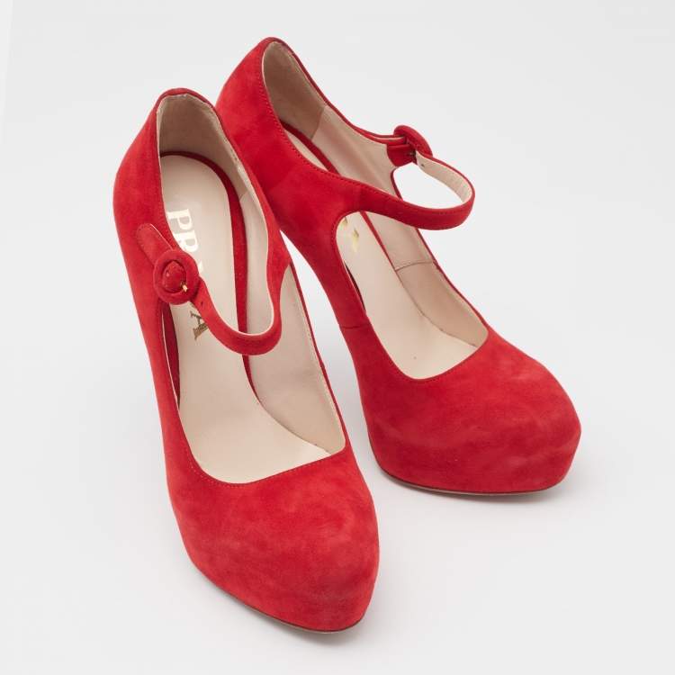 Pre Owned Prada Red Suede Platform D'orsay Pumps Size 37