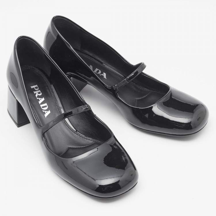 Pre Owned Prada Black Patent Leather Mary Jane Block Heel Pumps Size 37