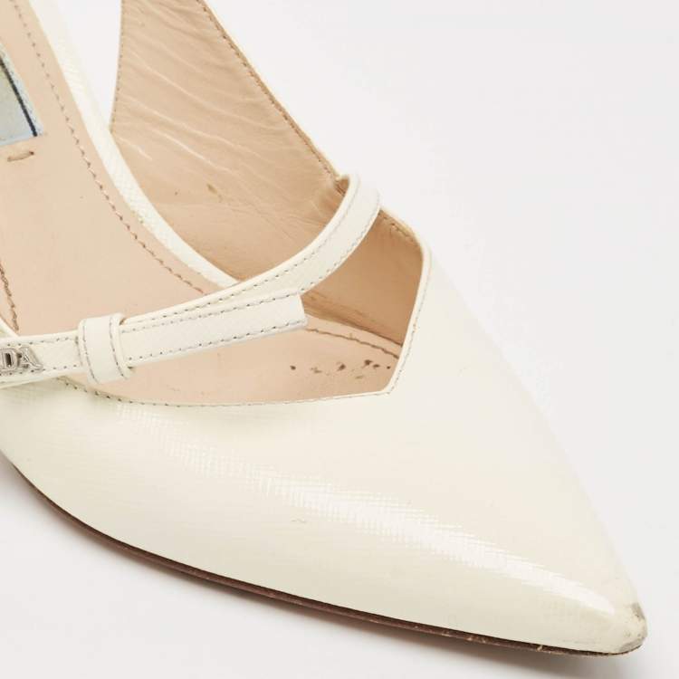 Pre Owned Prada White Patent Leather Pointed Toe Slingback Pumps Size 36