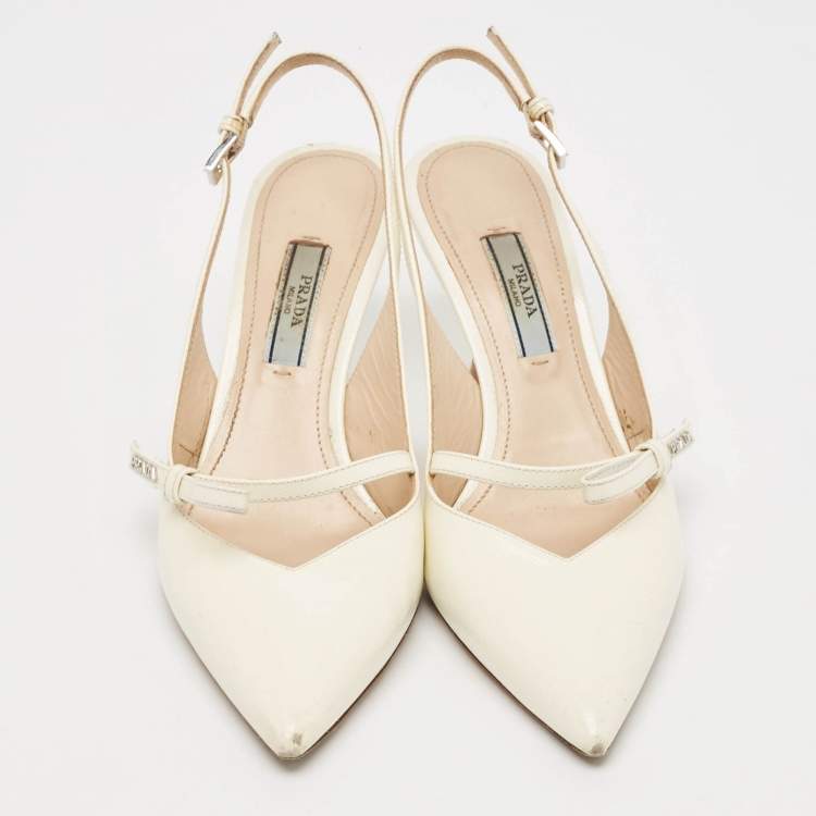Pre Owned Prada White Patent Leather Pointed Toe Slingback Pumps Size 36