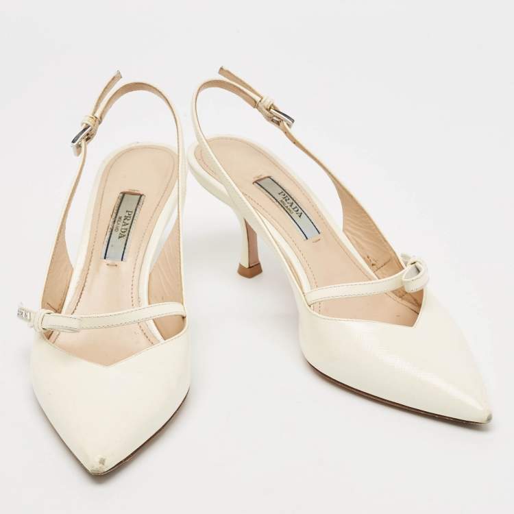 Pre Owned Prada White Patent Leather Pointed Toe Slingback Pumps Size 36