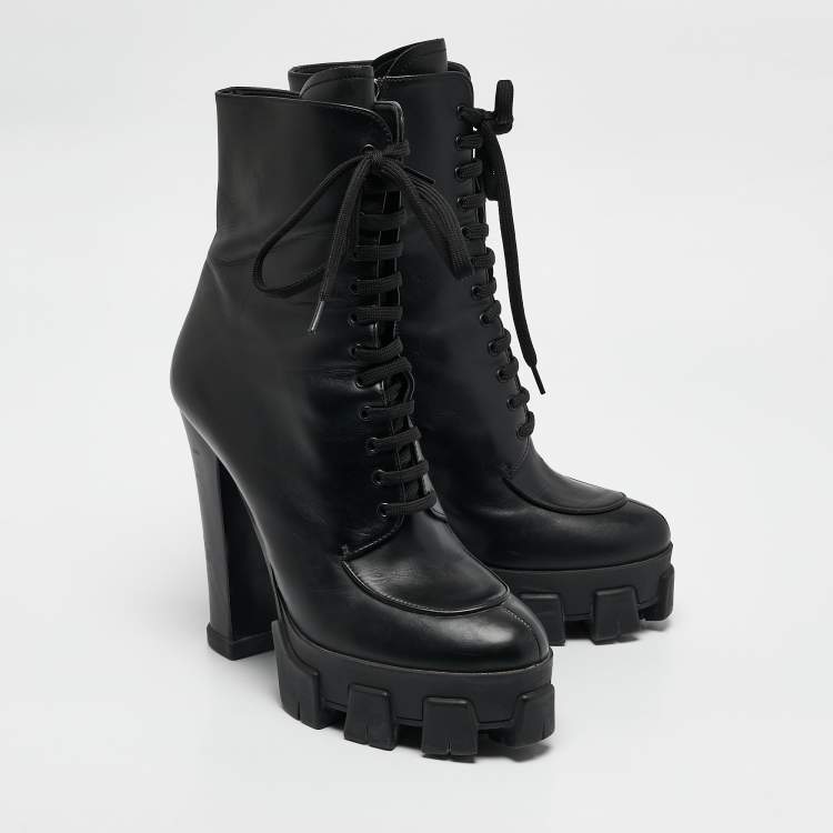 Pre Owned Prada Black Leather Monolith Ankle Boots Size 41