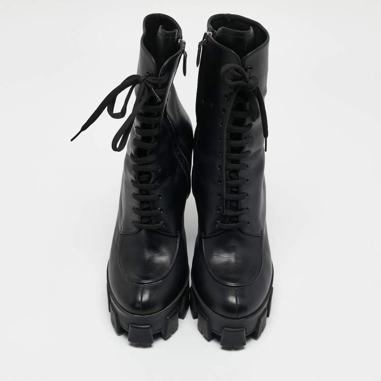 Pre Owned Prada Black Leather Monolith Ankle Boots Size 41
