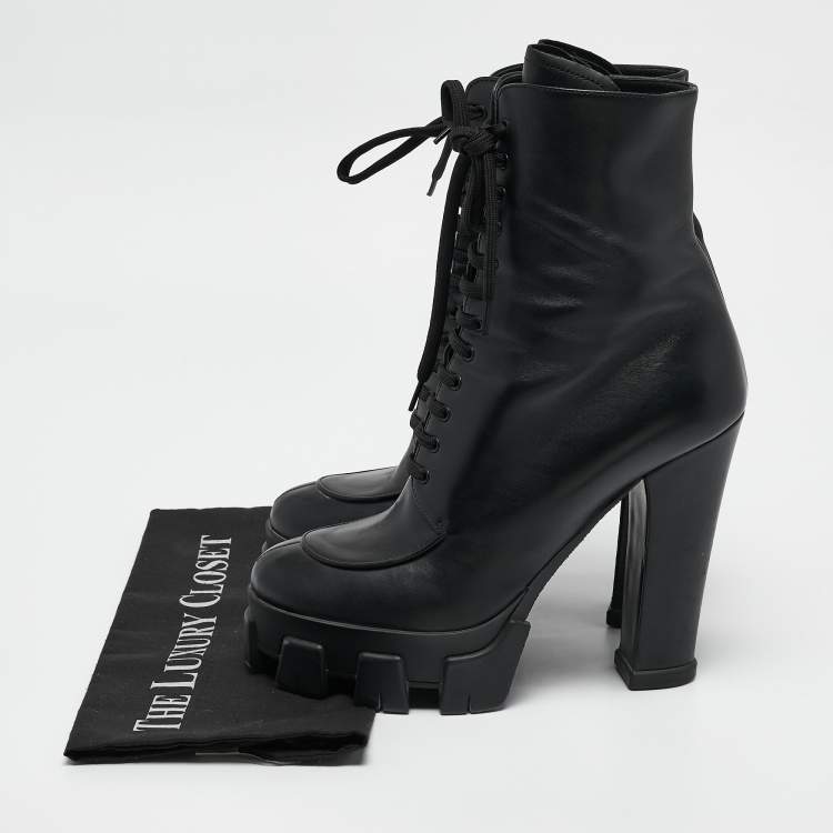 Pre Owned Prada Black Leather Monolith Ankle Boots Size 41