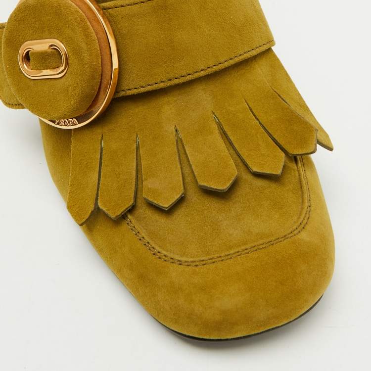 Pre Owned Prada Green Suede Fringe Block Heel Pumps Size 37