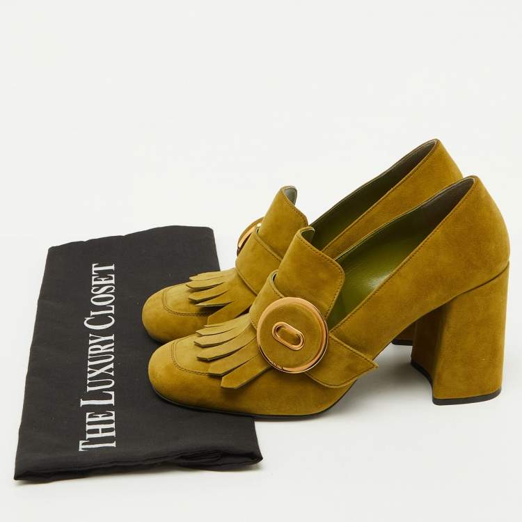 Pre Owned Prada Green Suede Fringe Block Heel Pumps Size 37
