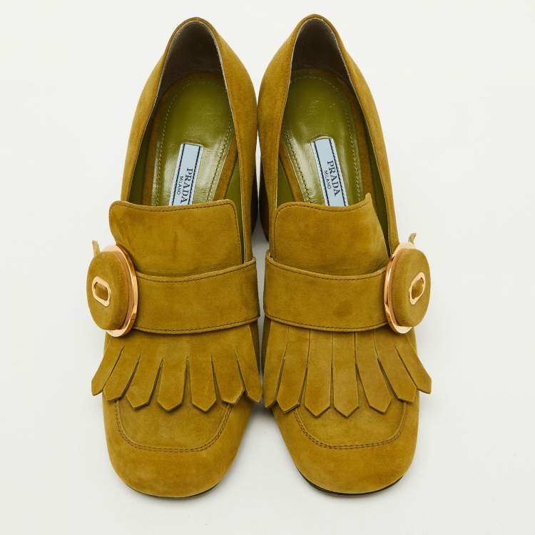 Pre Owned Prada Green Suede Fringe Block Heel Pumps Size 37