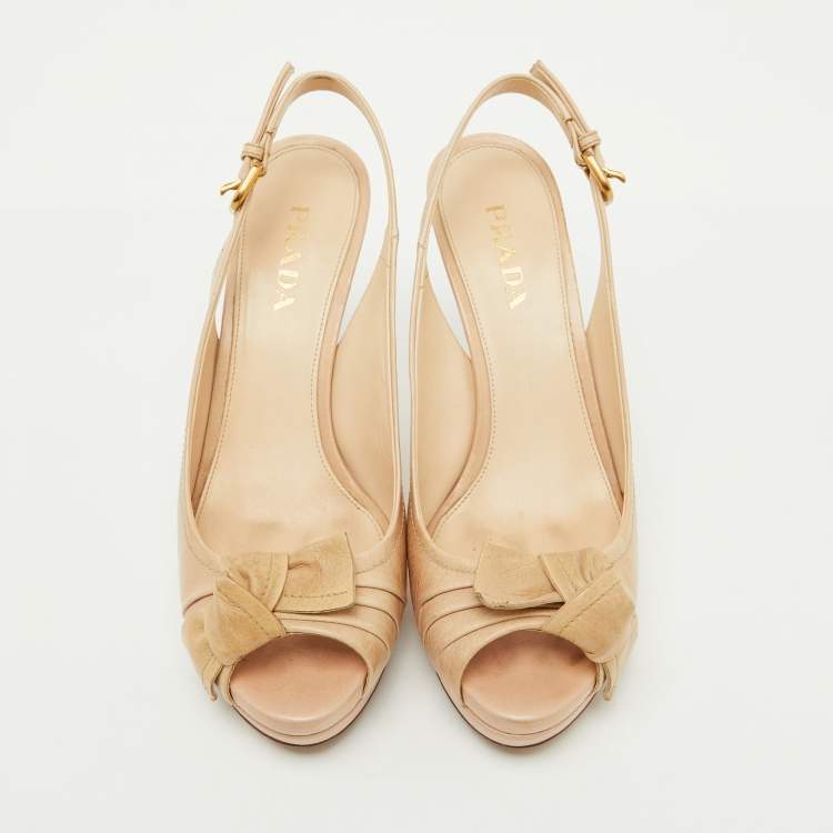 Pre Owned Prada Beige Leather Peep Toe Platform Sandals Size 37