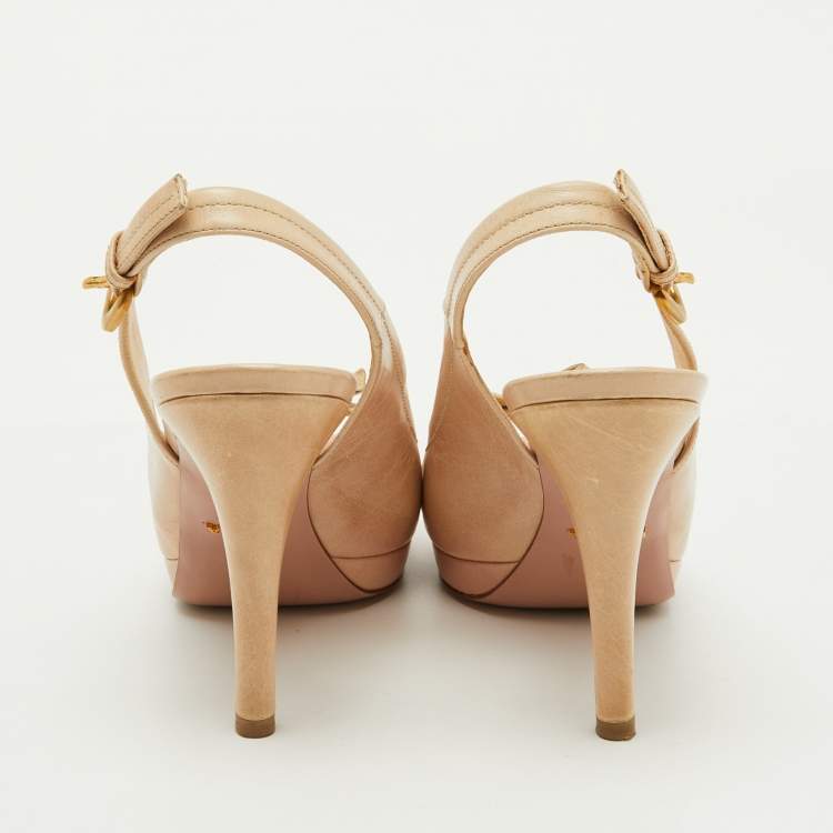 Pre Owned Prada Beige Leather Peep Toe Platform Sandals Size 37