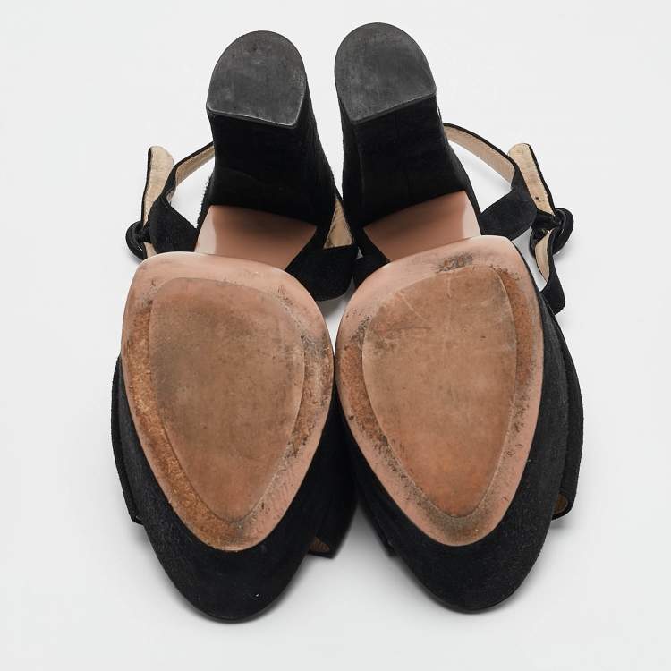 Pre Owned Prada Black Suede Platform Ankle Strap Sandals Size 38.5