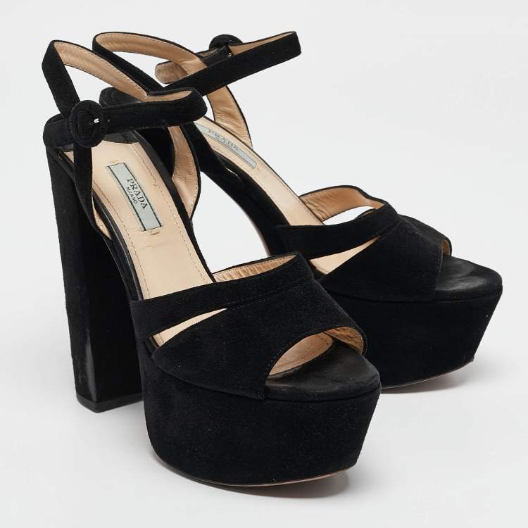 Pre Owned Prada Black Suede Platform Ankle Strap Sandals Size 38.5