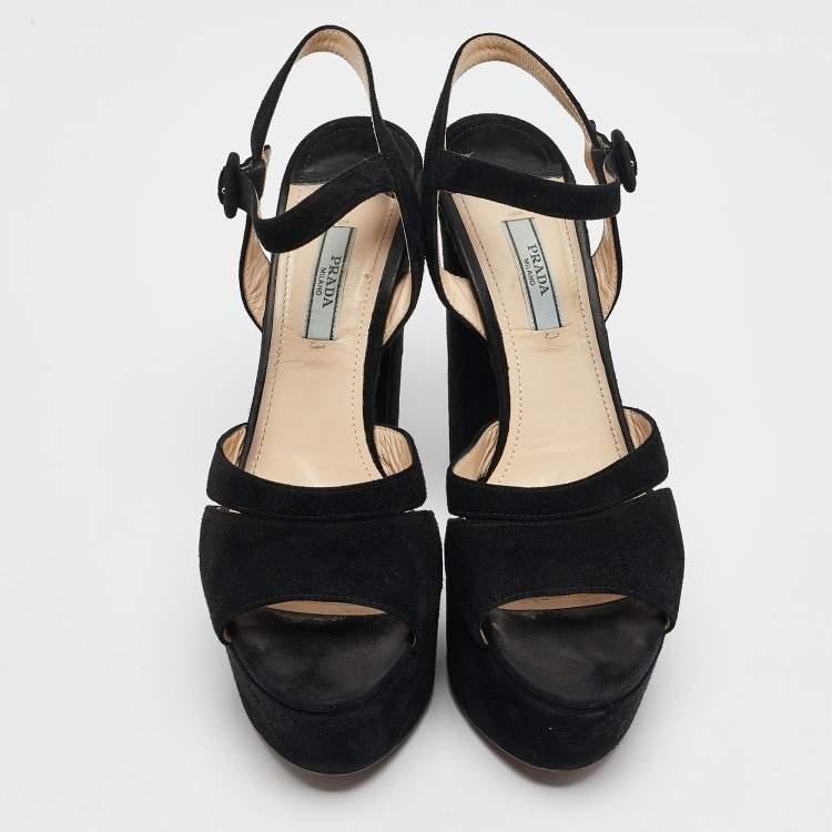 Pre Owned Prada Black Suede Platform Ankle Strap Sandals Size 38.5