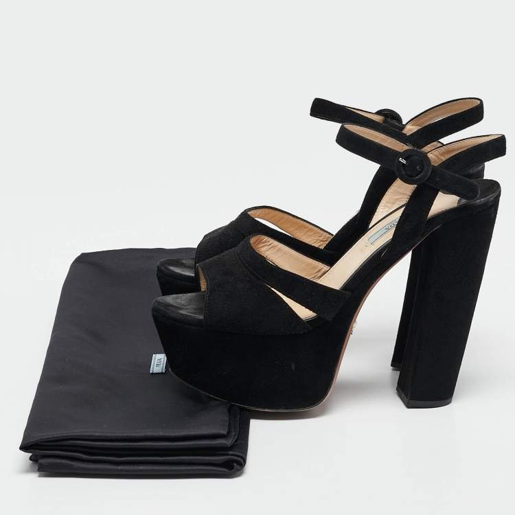 Pre Owned Prada Black Suede Platform Ankle Strap Sandals Size 38.5