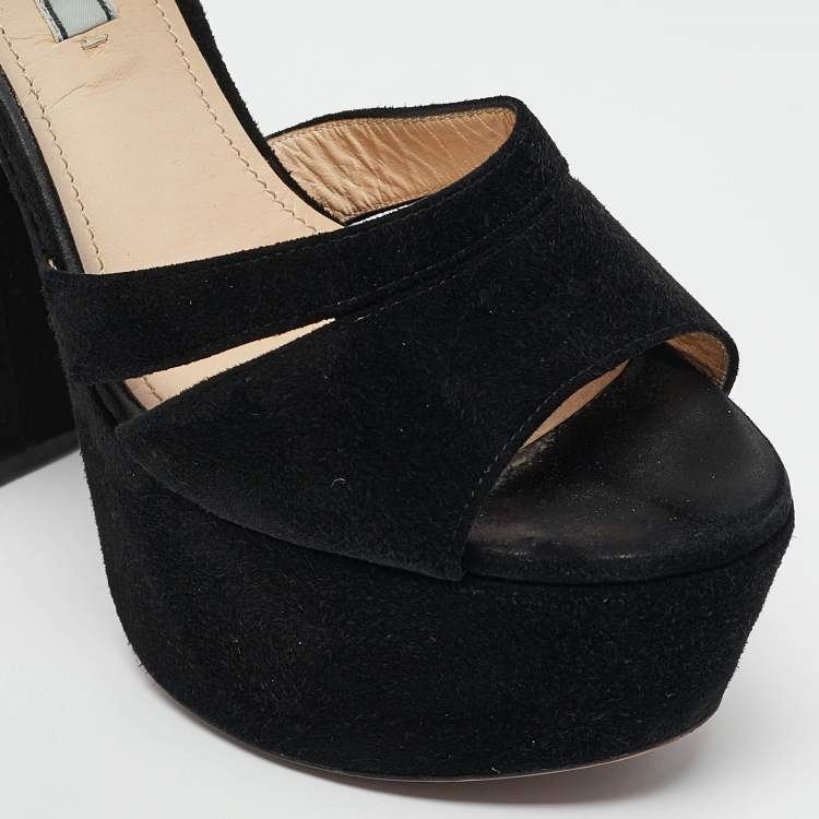 Pre Owned Prada Black Suede Platform Ankle Strap Sandals Size 38.5