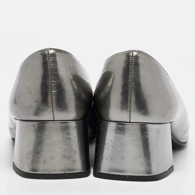 Pre Owned Prada Silver Leather Crystal Buckle Block Heel Pumps  Size 36.5