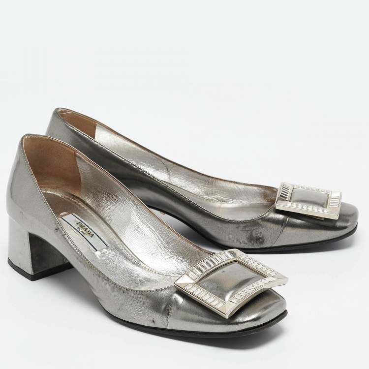 Pre Owned Prada Silver Leather Crystal Buckle Block Heel Pumps  Size 36.5