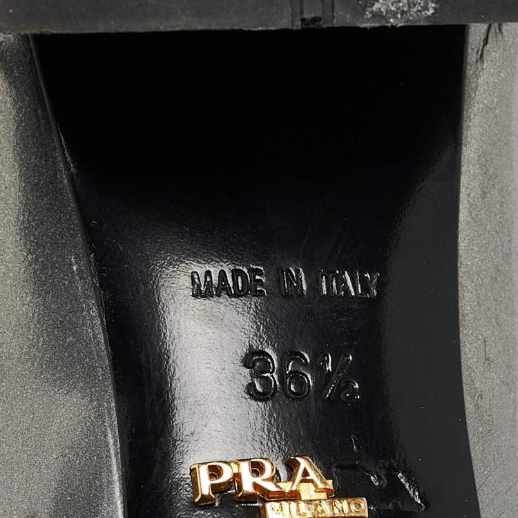 Pre Owned Prada Silver Leather Crystal Buckle Block Heel Pumps  Size 36.5