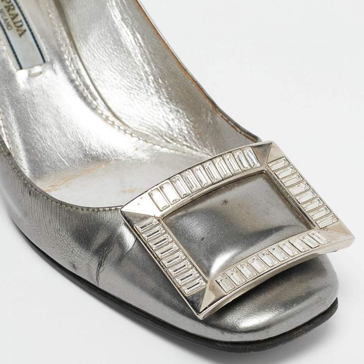 Pre Owned Prada Silver Leather Crystal Buckle Block Heel Pumps  Size 36.5