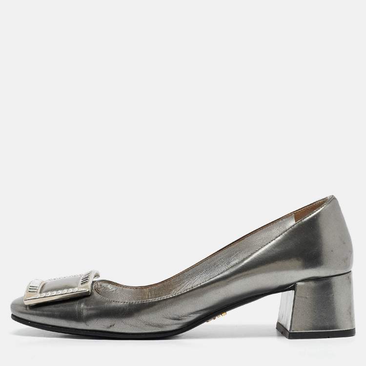 Pre Owned Prada Silver Leather Crystal Buckle Block Heel Pumps  Size 36.5