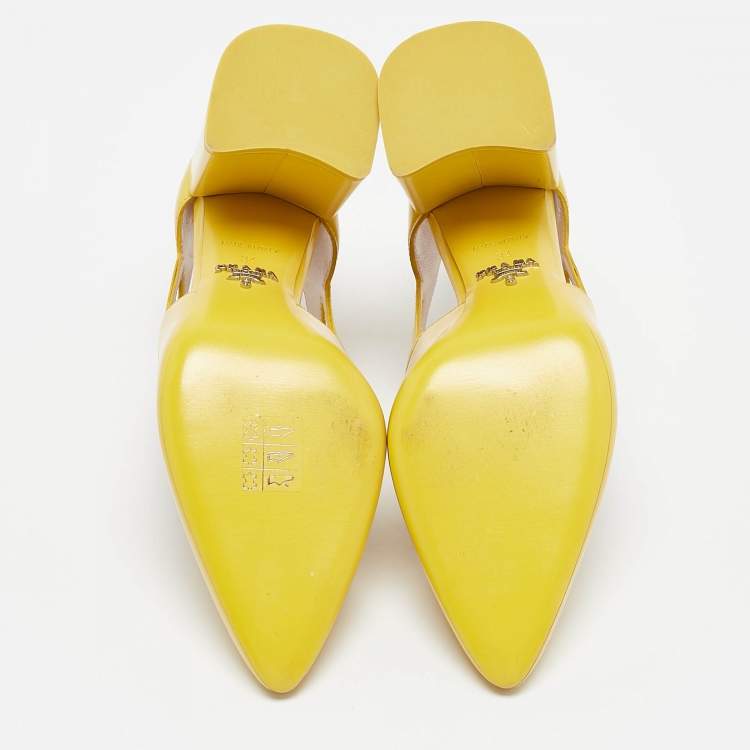 Pre Owned Prada Yellow Leather Mary Jane Block Heel Pumps Size 34