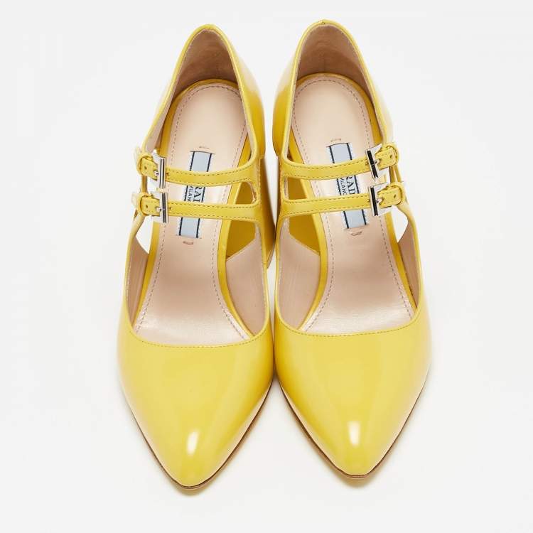 Pre Owned Prada Yellow Leather Mary Jane Block Heel Pumps Size 34