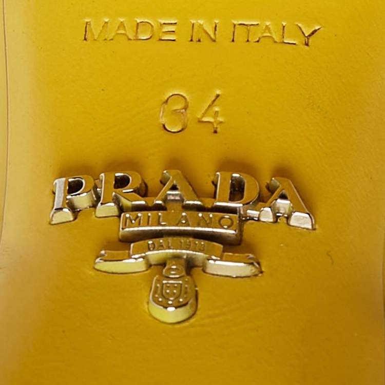 Pre Owned Prada Yellow Leather Mary Jane Block Heel Pumps Size 34