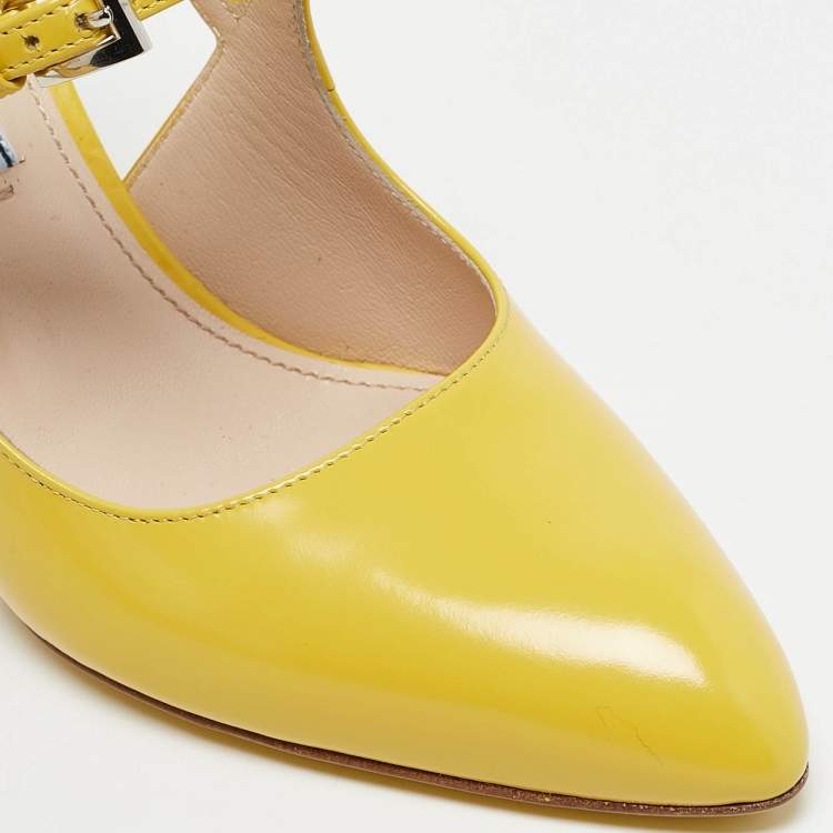 Pre Owned Prada Yellow Leather Mary Jane Block Heel Pumps Size 34