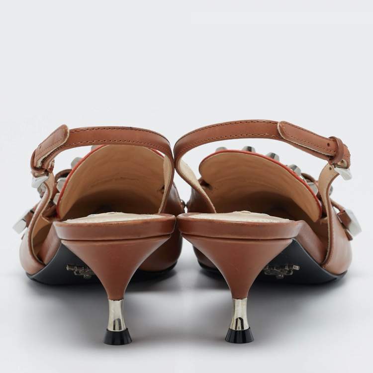 Pre Owned Prada Multicolor Leather Fringed Studded Slingback Pumps Size 37