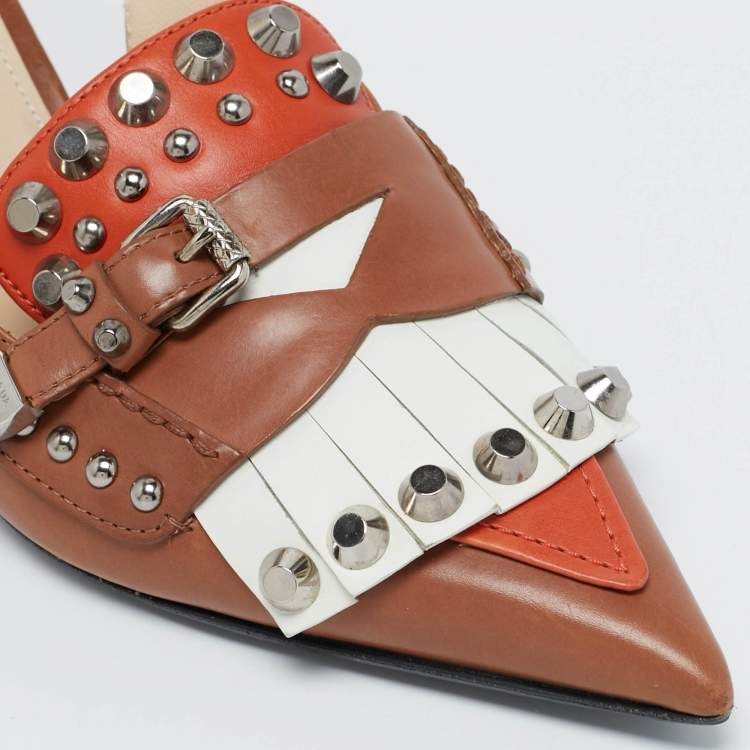 Pre Owned Prada Multicolor Leather Fringed Studded Slingback Pumps Size 37