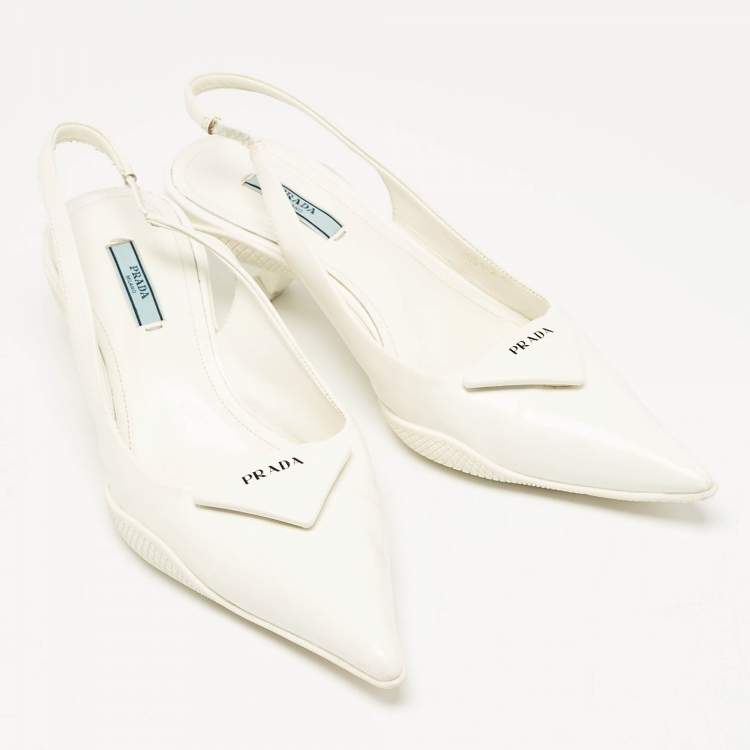 Pre Owned Prada White Patent Leather Bow Slingback  Pumps Size 40