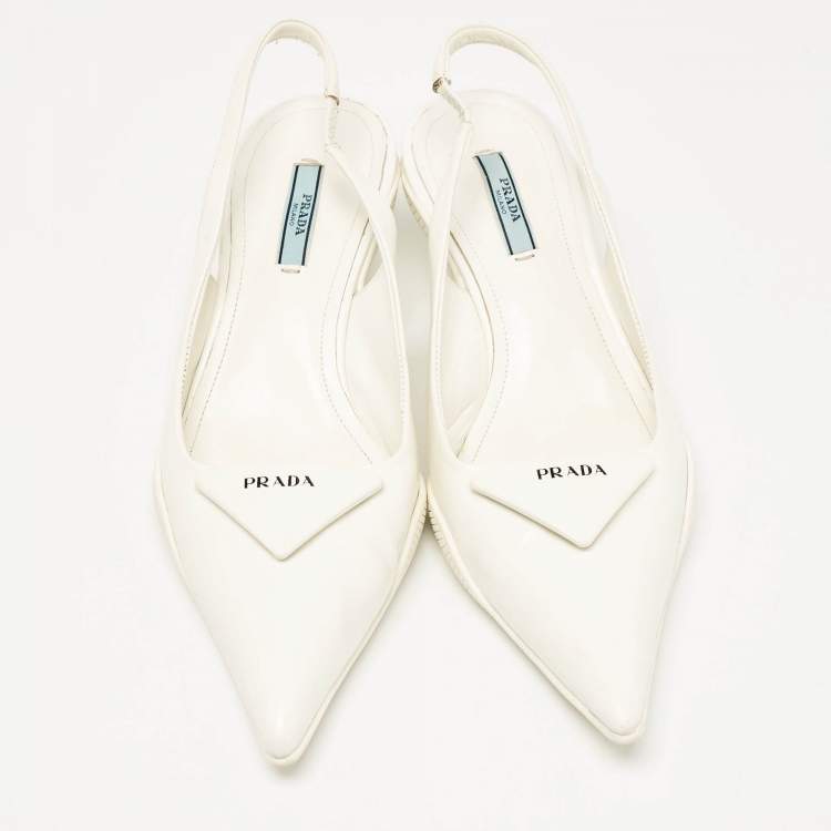 Pre Owned Prada White Patent Leather Bow Slingback  Pumps Size 40