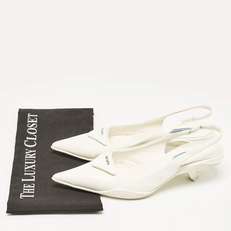 Pre Owned Prada White Patent Leather Bow Slingback  Pumps Size 40