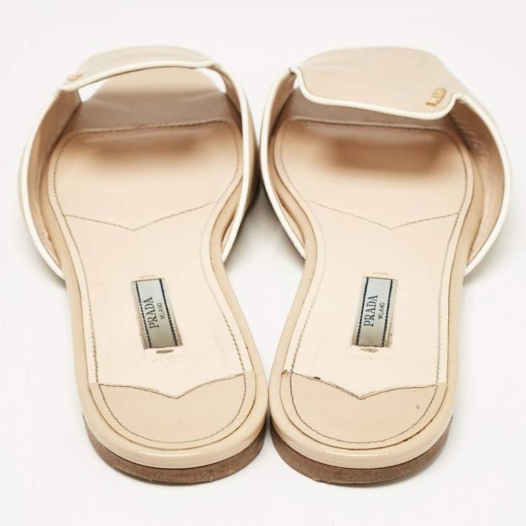 Pre Owned Prada Beige Patent Leather Peep Toe Flat Mules Size 42