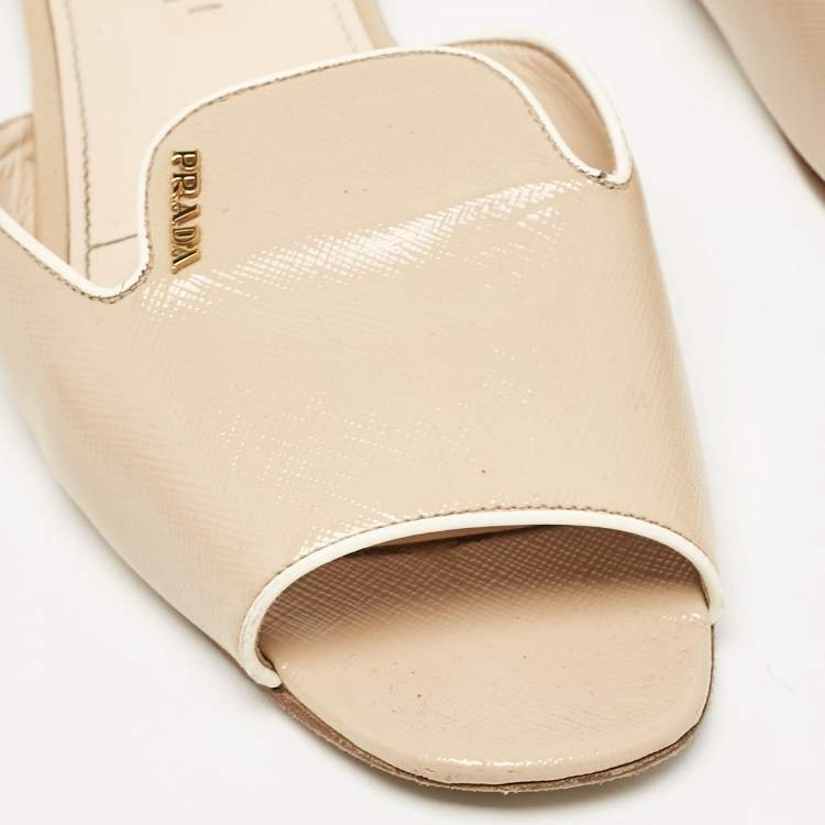 Pre Owned Prada Beige Patent Leather Peep Toe Flat Mules Size 42