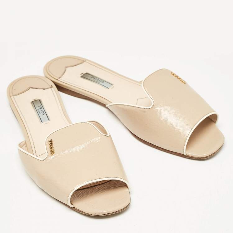 Pre Owned Prada Beige Patent Leather Peep Toe Flat Mules Size 42