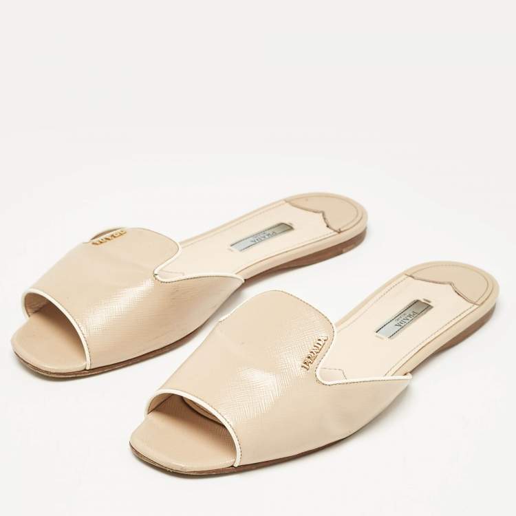 Pre Owned Prada Beige Patent Leather Peep Toe Flat Mules Size 42