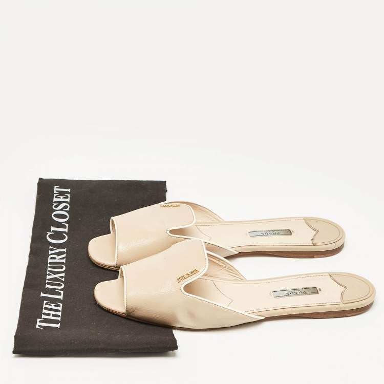 Pre Owned Prada Beige Patent Leather Peep Toe Flat Mules Size 42