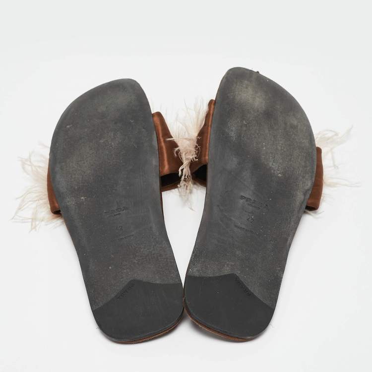 Pre Owned Prada Brown Satin Ostrich Feather Embellished Flat Slides Size 42