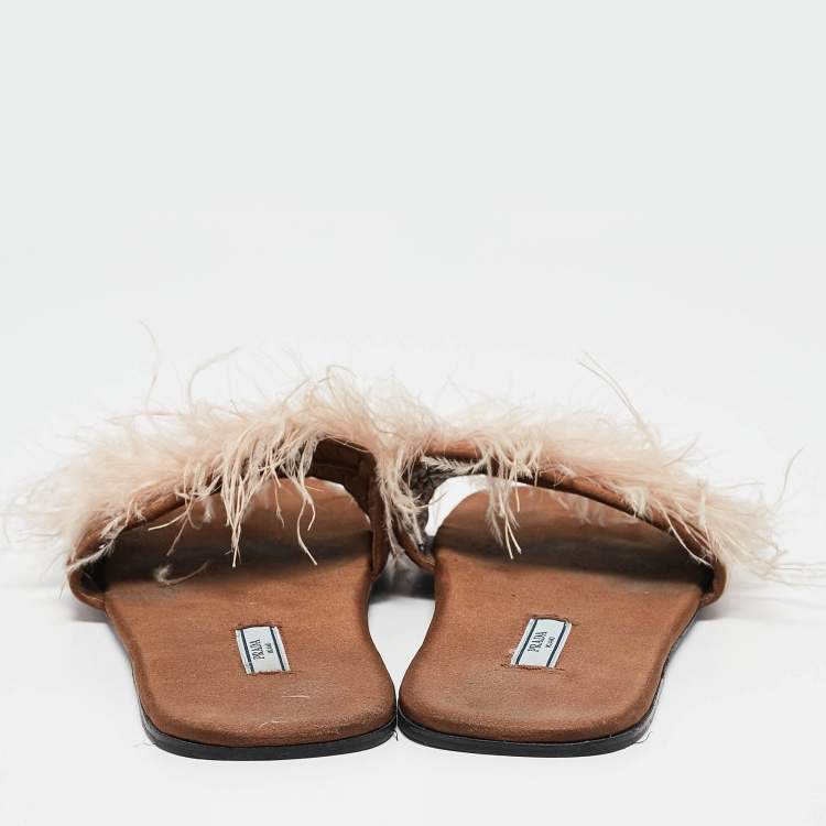 Pre Owned Prada Brown Satin Ostrich Feather Embellished Flat Slides Size 42