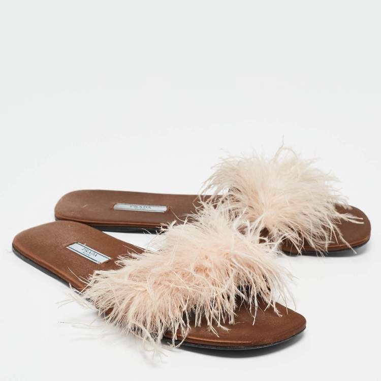 Pre Owned Prada Brown Satin Ostrich Feather Embellished Flat Slides Size 42