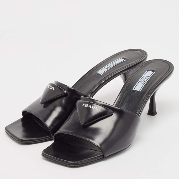Pre Owned Prada Black Leather Bow  Slides Sandals Size 39.5