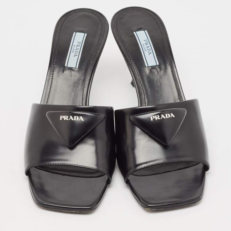 Pre Owned Prada Black Leather Bow  Slides Sandals Size 39.5