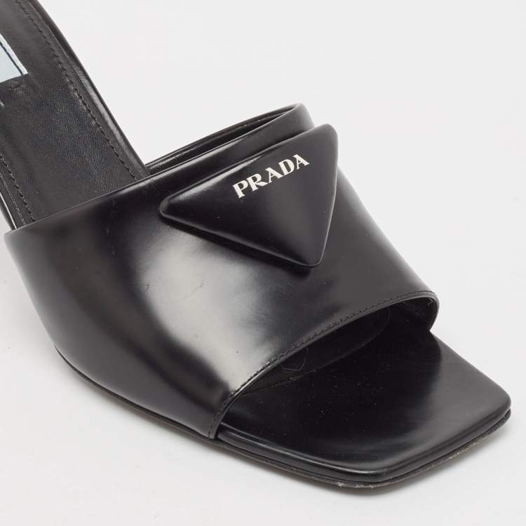 Pre Owned Prada Black Leather Bow  Slides Sandals Size 39.5