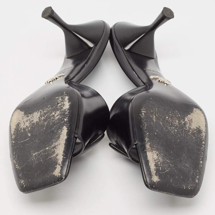 Pre Owned Prada Black Leather Bow  Slides Sandals Size 39.5