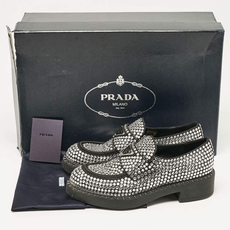 Pre Owned Prada Black Satin Crystals Slip On Loafers Size 36