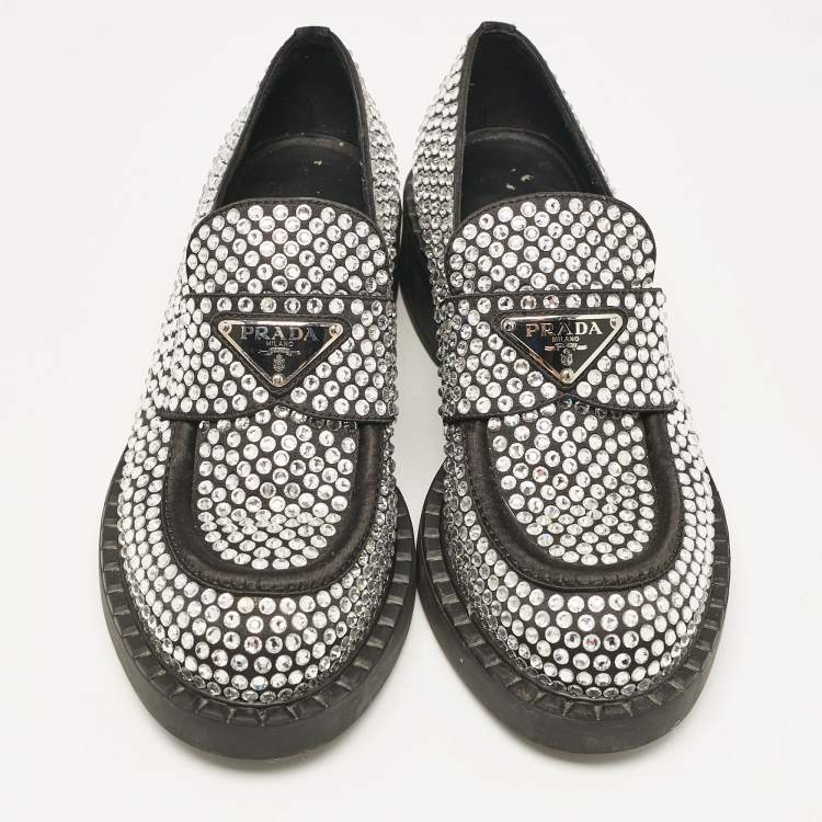 Pre Owned Prada Black Satin Crystals Slip On Loafers Size 36