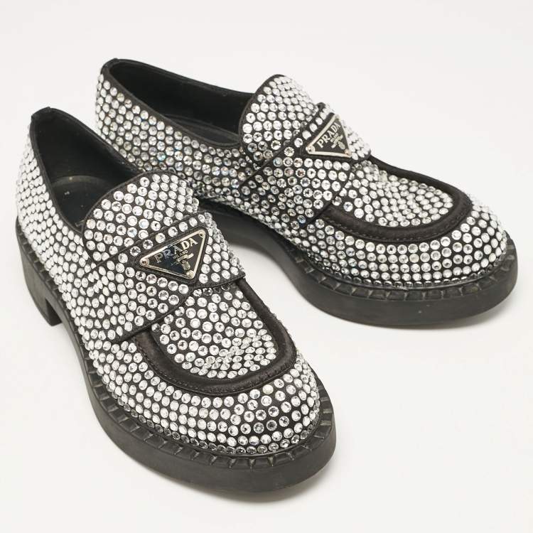 Pre Owned Prada Black Satin Crystals Slip On Loafers Size 36